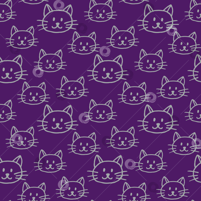 Скачать Бесшовный узор с серыми кошками на темно-фиолетовом фоне. Векторное изображение. фотосток Ozero