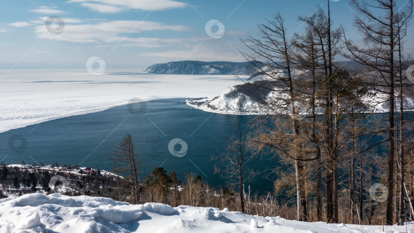 Скачать Незамерзающая река вытекает из замерзшего озера. Голубая вода и белый лед. фотосток Ozero