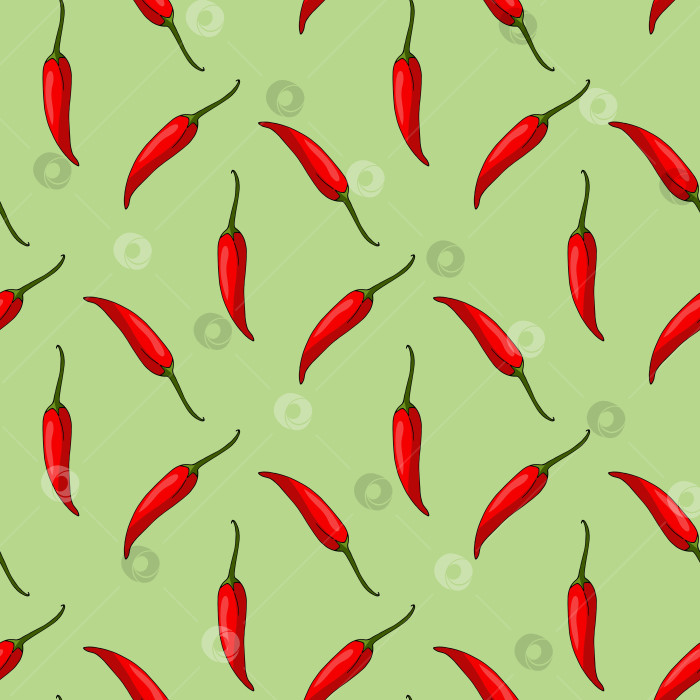 Скачать Бесшовный узор с красным острым перцем на светло-зеленом фоне. Векторное изображение. фотосток Ozero