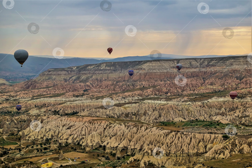 Скачать Разноцветные воздушные шары летают над Каппадокией на рассвете. фотосток Ozero