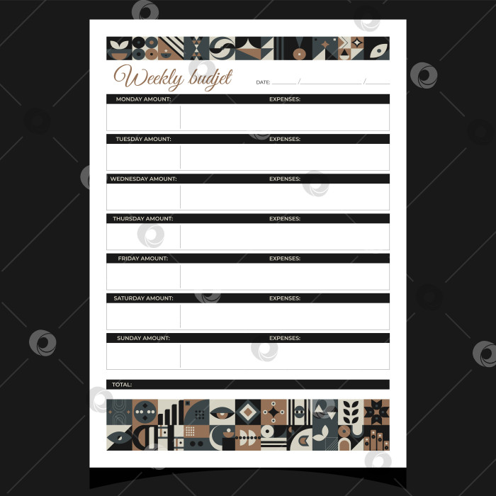 Скачать Еженедельный журнал budjet geometric. Еженедельный шаблон для печати budjet с геометрическими фигурами. фотосток Ozero