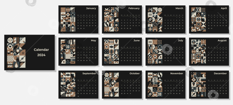 Скачать Календарь на 2024 год с геометрическими узорами. Шаблон ежемесячного календаря на 2024 год с геометрическими фигурами. фотосток Ozero
