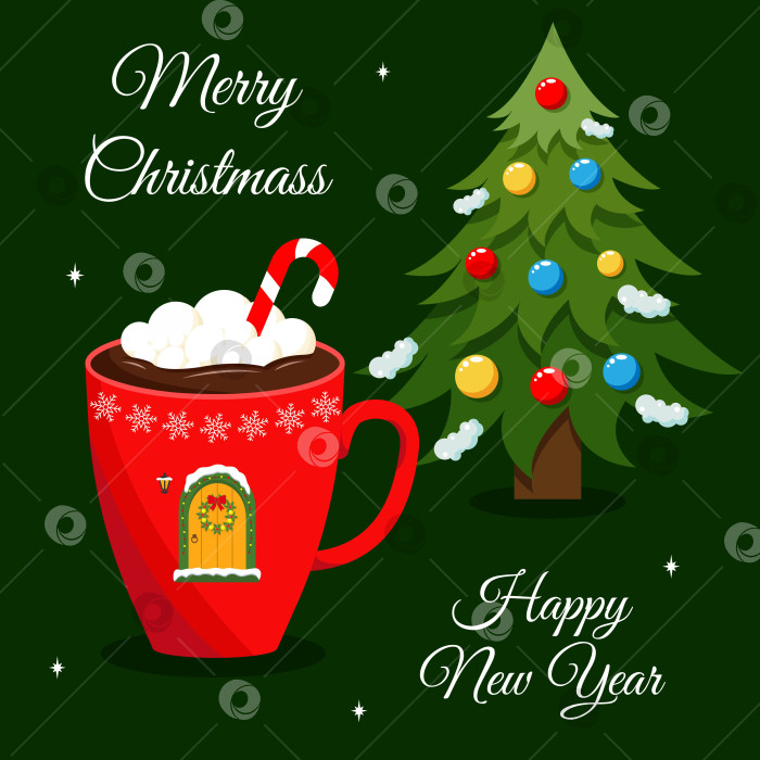 Скачать Рождественская, новогодняя поздравительная открытка, приглашение с кружкой горячего шоколада и рождественской елкой. Кружка с конфетами, зефир, рождественский венок, фонарь, дверь. фотосток Ozero