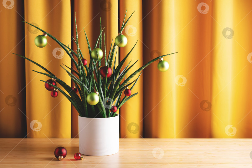 Скачать Комнатное растение, украшенное елочными игрушками в интерьере комнаты на фоне желтых штор. фотосток Ozero
