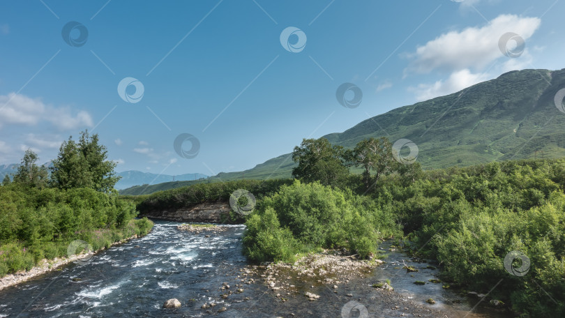 Скачать В долине по каменистому руслу течет прозрачная река. фотосток Ozero