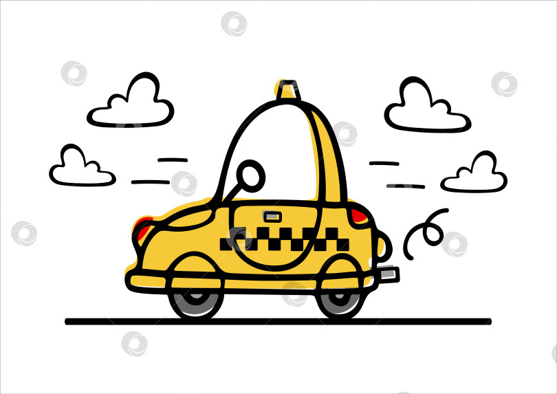 Скачать Забавный маленький желтый автомобиль такси мчится по дороге. Детская иллюстрация в стиле каракулей. Для наклеек, плакатов, открыток, элементов дизайна фотосток Ozero