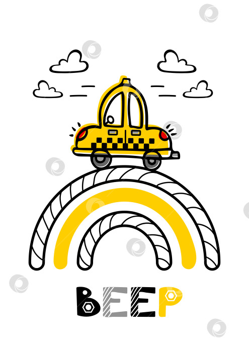 Скачать Забавный маленький желтый автомобиль такси мчится по радуге среди облаков. Детская иллюстрация в стиле каракулей. Для наклеек, плакатов, открыток, элементов дизайна. фотосток Ozero