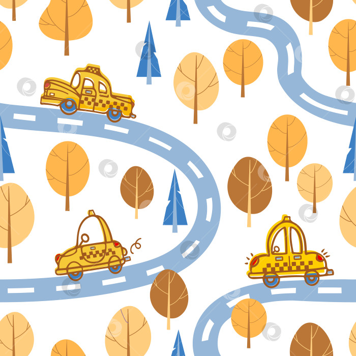 Скачать Милое мультяшное желтое ретро-такси едет по дороге в осеннем лесу. Детская мультяшная иллюстрация в скандинавском стиле. Для мальчиков, детская комната, обои, ткань для печати, упаковка фотосток Ozero