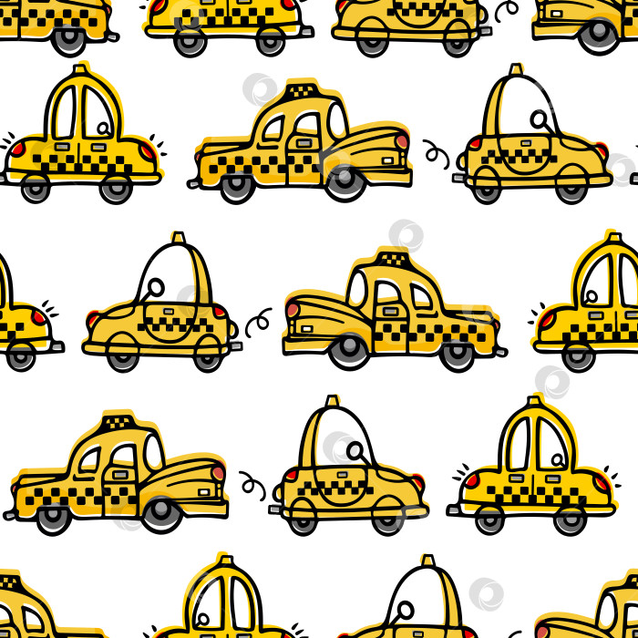 Скачать Симпатичное мультяшное желтое ретро-такси едет по дороге. Детская мультяшная иллюстрация в стиле каракулей. Для мальчиков, детская комната, обои, ткань для печати, упаковка фотосток Ozero