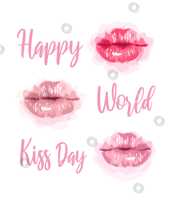 Скачать Векторная иллюстрация нежных розовых губ с надписью Happy World Kiss Day. Милая открытка в акварельном стиле. Для открытки, подарка, баннера, плаката, печати на одежде, ткани. фотосток Ozero