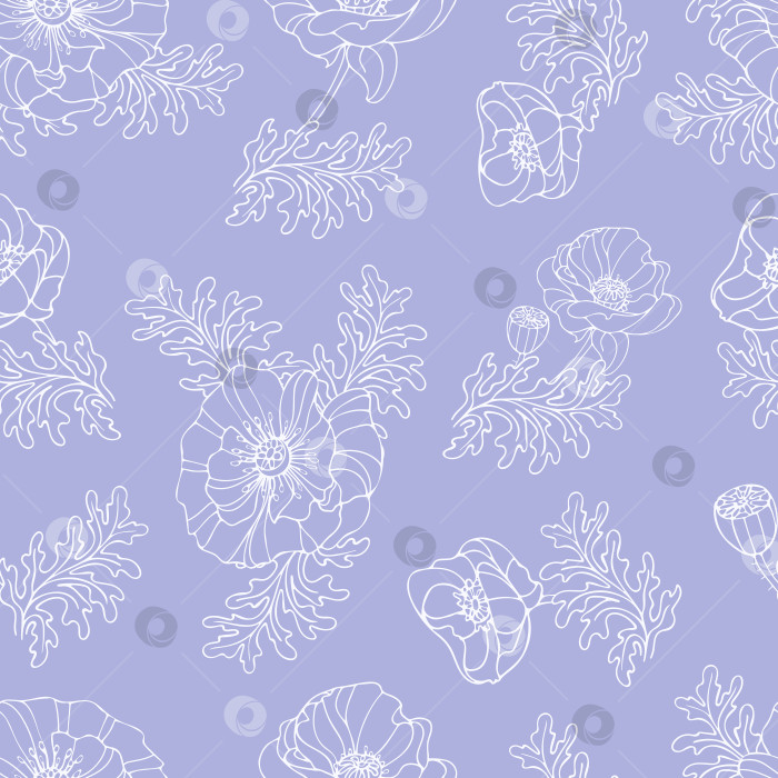Скачать Нежный летний цветочный узор в виде мака телесного цвета. Белый бесшовный узор на фиолетовом фоне. Изящные бутоны с листьями. Ретро-иллюстрация в рисованном стиле. Для текстиля, упаковки, фона. фотосток Ozero