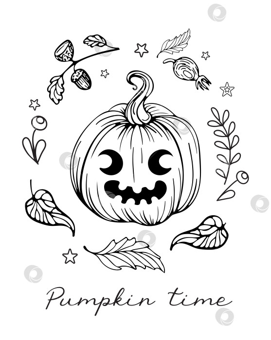 Скачать Векторная графическая иллюстрация каракулей в винтажном стиле для Хэллоуина. Тыква - призрак, джек-о -фонарь. Осенние овощи и листья. Для наклеек, плакатов, открыток, элементов дизайна, татуировок фотосток Ozero
