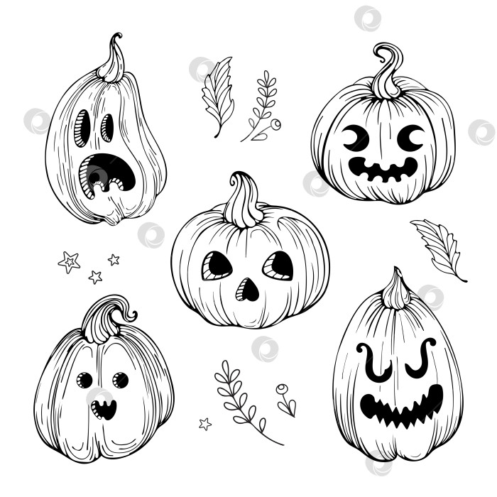 Скачать Векторная графическая иллюстрация каракулей, выполненная в винтажном стиле для Хэллоуина. Тыквенный череп, привидение, джек-о -фонарь. Осенние овощи и листья. Для наклеек, плакатов, открыток, элементов дизайна, татуировок фотосток Ozero