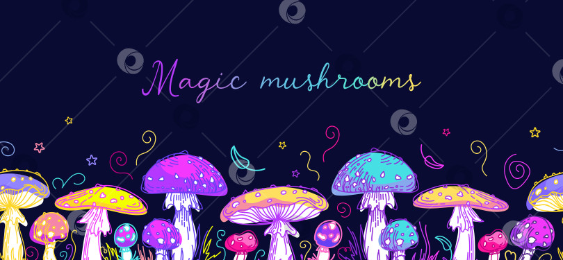 Скачать Граница с психоделическими грибами. хиппи 60-х, разноцветный ядовитый мухомор. Современная графическая иллюстрация в стиле эскиза с космическими волшебными грибами. Ведьмины грибы на Хэллоуин. Национальный день грибов. фотосток Ozero