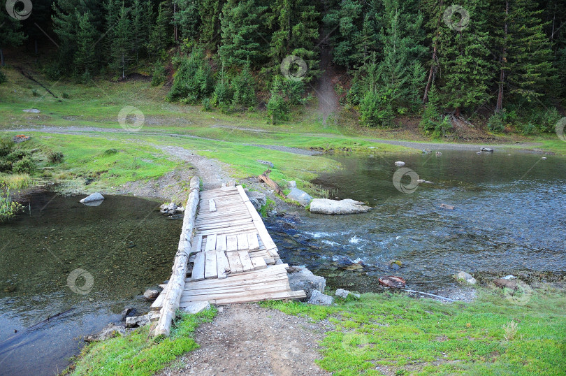 Скачать Маленький шаткий мостик из старых досок и бревен, переброшенный через бурный поток реки, протекающей через утренний лес. фотосток Ozero