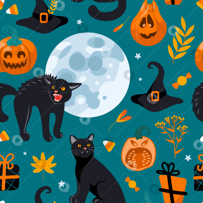 Скачать Бесшовный узор на Хэллоуин: черная кошка, полная луна, шляпа ведьмы, подарки, конфеты. На зеленом фоне. Яркая иллюстрация в мультяшном стиле. Для детской комнаты, обоев, печати на ткани, упаковки, фона. фотосток Ozero