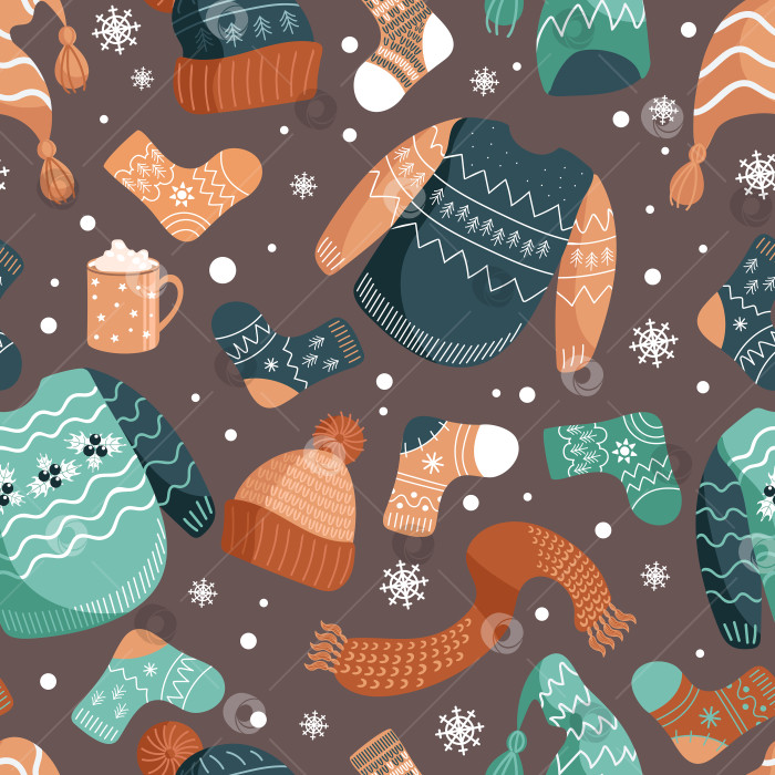 Скачать Векторные рождественские иллюстрации узоров зимней теплой одежды. Шапки, носки, уродливый рождественский свитер, джемпер, шарф. Кружка с какао. В землистых оттенках. Для обоев, печати на ткани, обертывания фотосток Ozero