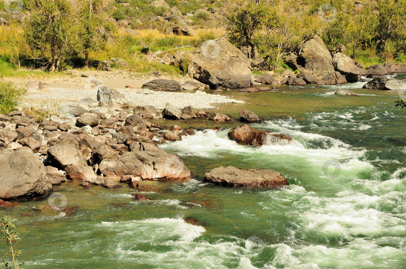 Скачать Бурная река с прозрачными бирюзовыми водами, огибая большие камни, течет по дну глубокого каньона. фотосток Ozero