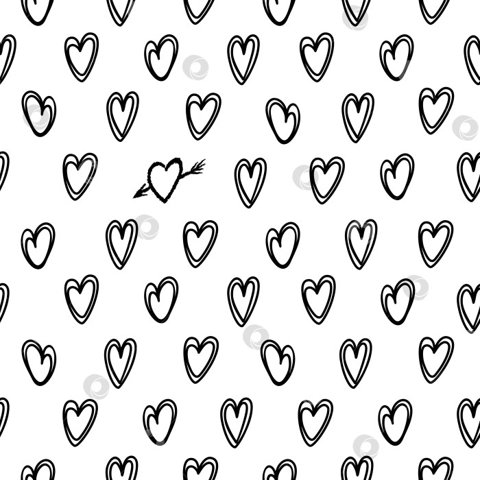 Скачать Бесшовный узор в виде сердечек на день святого Валентина. Концепция одиночества. Чернильные сердечки. Черное и белое. Яркая векторная иллюстрация в рисованном стиле. Монохромные тона. Для обоев, печати на ткани, обертывания фотосток Ozero