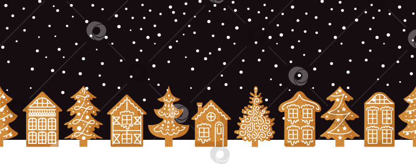 Скачать Имбирный пряник. Дома в европейском стиле, украшенные глазурью. Ночное небо, звезды, снег. Бесшовная кайма с традиционным праздничным печеньем. Для обоев, баннеров, печати на ткани, упаковки фотосток Ozero