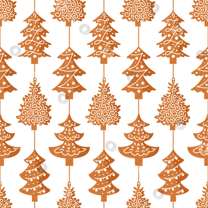 Скачать Имбирный пряник. Рождественская елка с шарами, украшенная глазурью. Бесшовный узор в виде гирлянды из традиционного праздничного печенья. Для обоев, печати на ткани, обертывания, фона фотосток Ozero