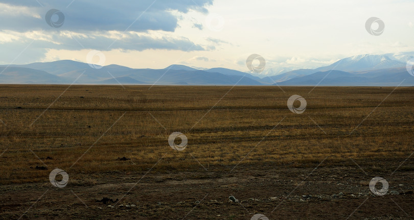 Скачать Панорамный снимок высохшей протяженной степи у подножия заснеженного горного хребта. фотосток Ozero