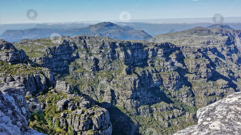 Скачать Пейзаж с вершины Столовой горы в Кейптауне. На серых скалах скудная зеленая растительность фотосток Ozero