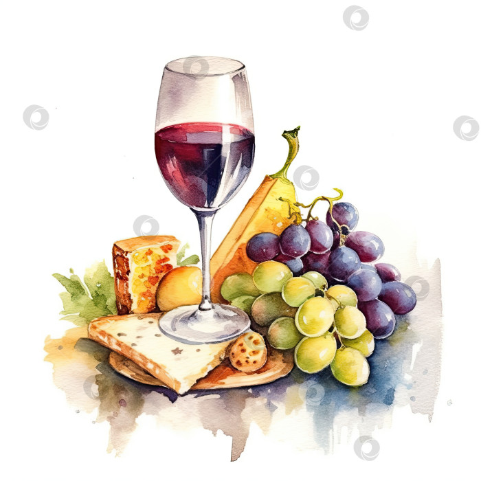 Скачать Красное вино в бокале, виноград, сыр, бутылка вина в кафе. иллюстрация. Генеративный искусственный интеллект. фотосток Ozero