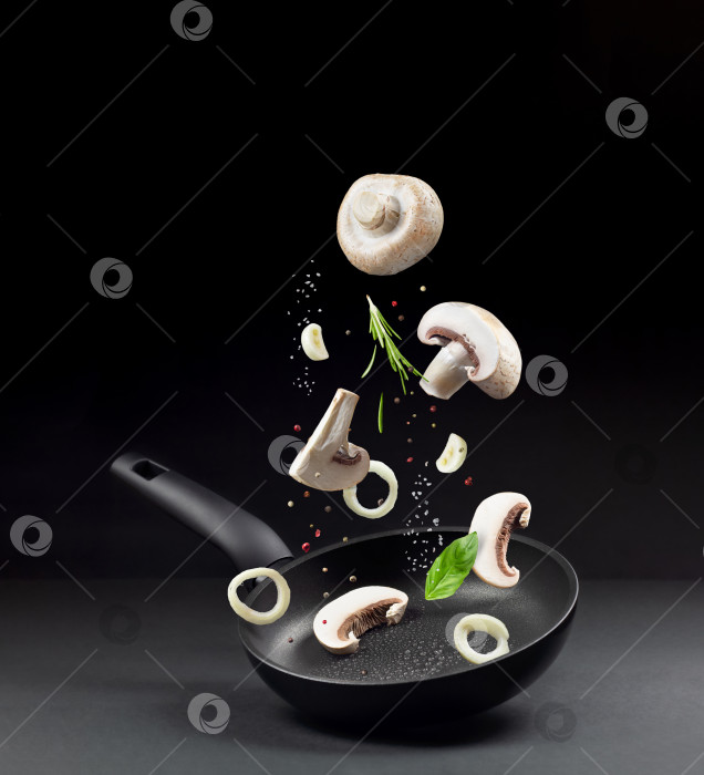Скачать Свежие грибы, ароматные травы и приправы падают на сковороду на темном фоне фотосток Ozero