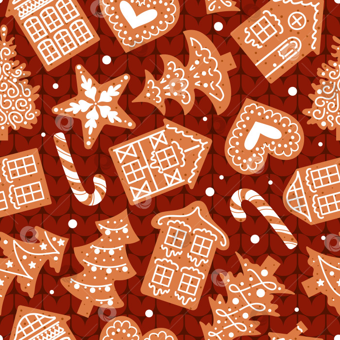 Скачать Пряники, украшенные глазурью, лежат на красном вязаном свитере. Рождественский бесшовный узор. Традиционное печенье. Домики, леденцовая палочка, снежинки и сердечки. Для обоев, ткани, обертывания. фотосток Ozero
