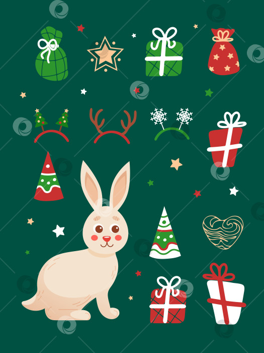 Скачать Рождественский набор ярких иллюстраций в мультяшном стиле. Кролик - символ китайского Нового 2023 года. Подарки, звезды, праздничная шляпа, оленьи рога, рождественские елки, снежинки. Для наклеек, плакатов, открыток, баннеров фотосток Ozero