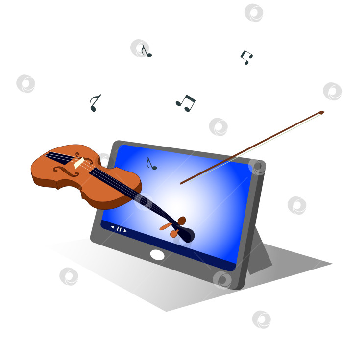 Скачать Онлайн-обучение игре на скрипке с использованием компьютера. Онлайн-образование. Музыкальные инструменты. Современная векторная плоская иллюстрация фотосток Ozero