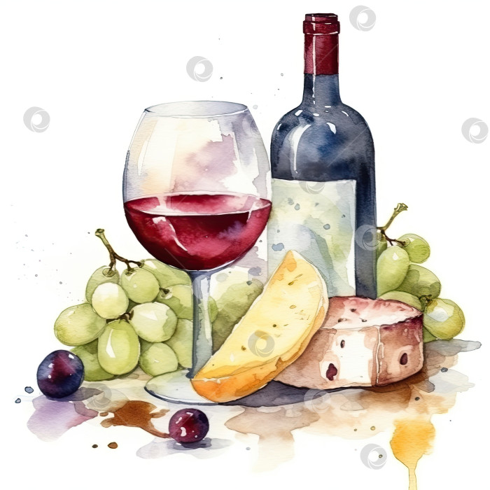 Скачать Красное вино в бокале, виноград, сыр, бутылка вина в кафе. иллюстрация. Генеративный искусственный интеллект. фотосток Ozero