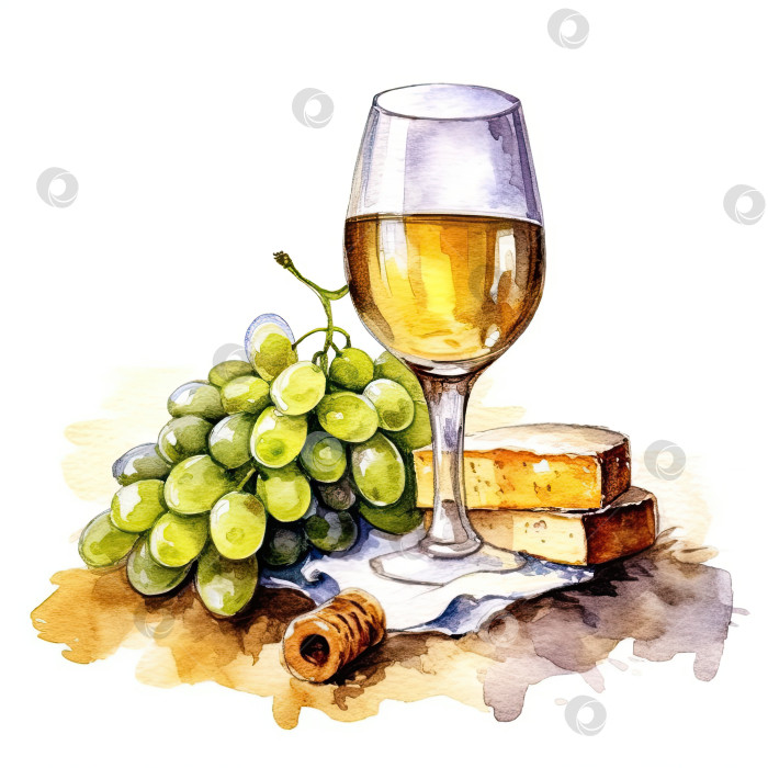 Скачать Белое вино в бокале, виноград, сыр в акварельном стиле. иллюстрация. Генеративный искусственный интеллект. фотосток Ozero