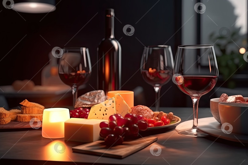 Скачать Романтическое свидание с красным вином, набором разных сортов сыра и свечами. Генеративный искусственный интеллект. фотосток Ozero