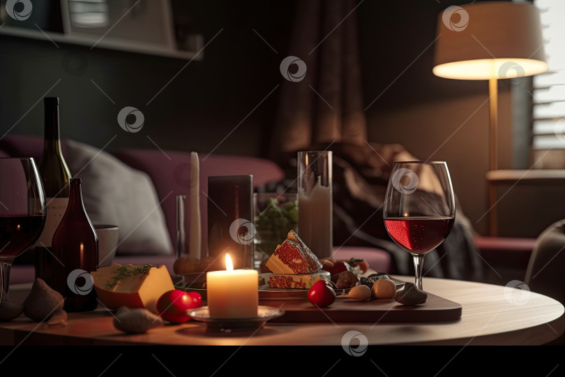 Скачать Романтическое свидание с красным вином, набором разных сортов сыра и свечами. Генеративный искусственный интеллект. фотосток Ozero