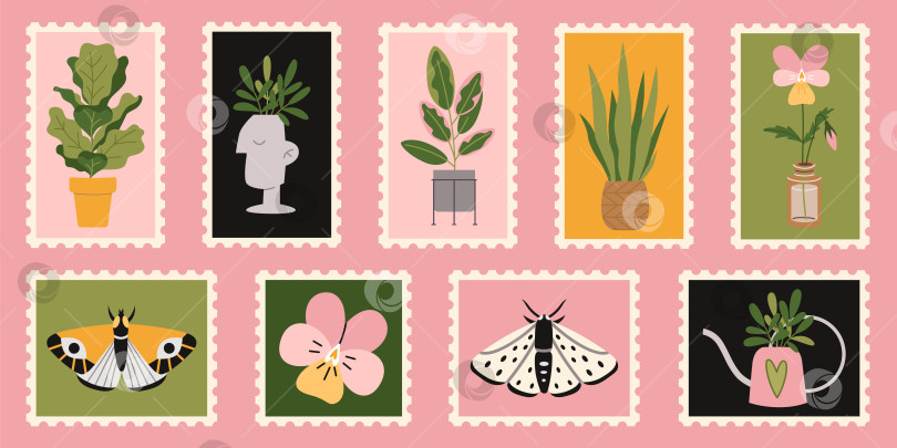 Скачать Набор симпатичных почтовых марок, нарисованных от руки, с натуральными растительными элементами,  фотосток Ozero