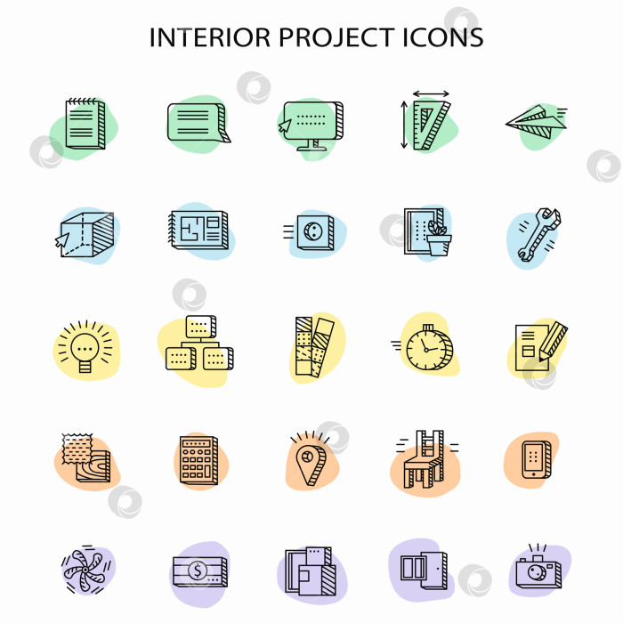 Скачать Иконки интерьерного проекта на фоне цветных разноцветных пятен фотосток Ozero