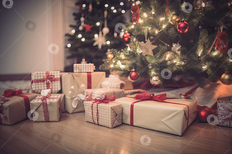 Скачать Рождественская елка и подарки. Празднуйте Рождество и празднуйте его. Генеративный искусственный интеллект. фотосток Ozero