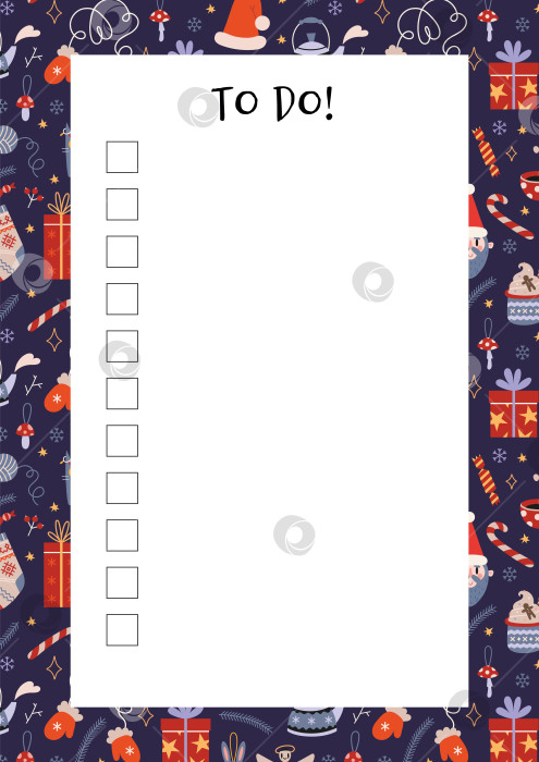 Скачать Симпатичный шаблон рождественского списка дел в мультяшном стиле. Бумага формата А4 для печати на странице журнала bullet journal. Модная современная векторная иллюстрация, нарисованная от руки, плоская фотосток Ozero