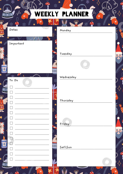 Скачать Симпатичный шаблон еженедельного планировщика, список дел на рождественском фоне в мультяшном стиле. Зимние уютные элементы. Модная современная векторная иллюстрация, нарисованная от руки, плоская фотосток Ozero