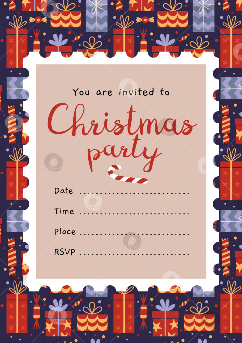 Скачать Шаблон пригласительного билета на Рождественскую вечеринку с дизайном почтовой марки и подарками в мультяшном стиле. Модная современная векторная иллюстрация, нарисованная от руки, плоская фотосток Ozero