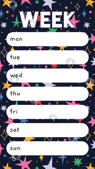 Скачать Симпатичный шаблон еженедельного планировщика с праздничным фоном в виде звезд, мультяшный стиль. Шаблон историй. Расписание на 7 дней. Модная современная векторная иллюстрация, нарисованная от руки, плоская фотосток Ozero