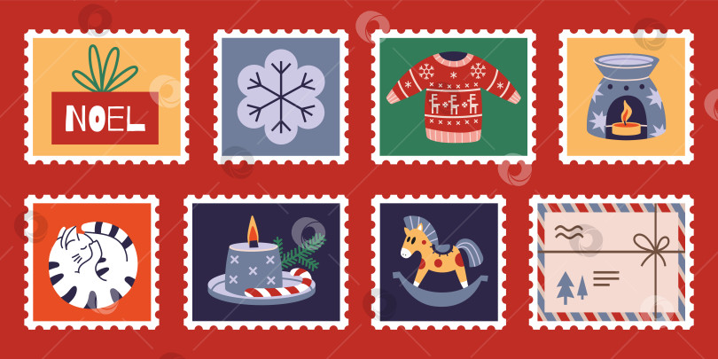 Скачать Набор симпатичных нарисованных от руки почтовых марок с рождественской и новогодней атрибутикой, подарком, кошкой, свитером, свечой. Модные векторные иллюстрации в мультяшном стиле. фотосток Ozero
