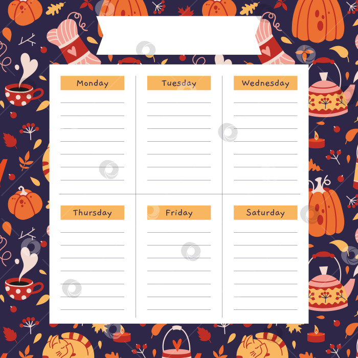 Скачать Симпатичный шаблон еженедельного планировщика с уютным осенним фоном в мультяшном стиле. Модная современная векторная иллюстрация, нарисованная от руки, плоская фотосток Ozero