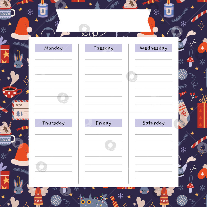 Скачать Симпатичный шаблон рождественского еженедельника с зимними уютными элементами в мультяшном стиле. Модная современная векторная иллюстрация, нарисованная от руки, плоская фотосток Ozero