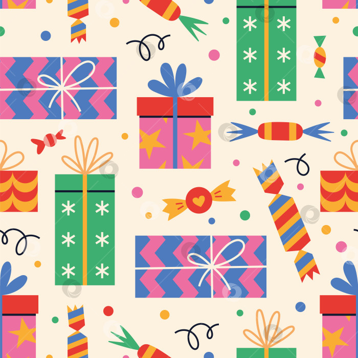 Скачать Праздничный бесшовный узор с различными подарочными коробками в мультяшном стиле. Фон на Рождество, день рождения в ярких цветах. Модная современная векторная иллюстрация, нарисованная от руки, плоская фотосток Ozero