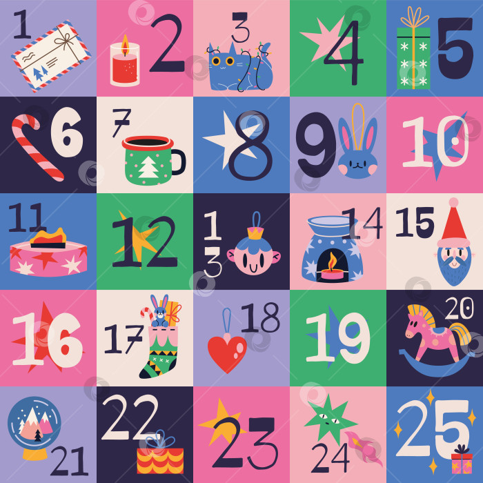 Скачать Рождественский адвент-календарь с милыми элементами в ярких цветах, в мультяшном стиле. Модная современная векторная иллюстрация, нарисованная от руки, плоская фотосток Ozero