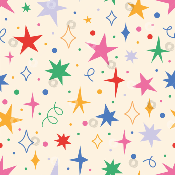 Скачать Бесшовный узор со звездами и искрами в мультяшном стиле. Принт на Рождество и день рождения в ярких цветах на светлом фоне. Модная современная векторная иллюстрация, нарисованная от руки, плоская фотосток Ozero