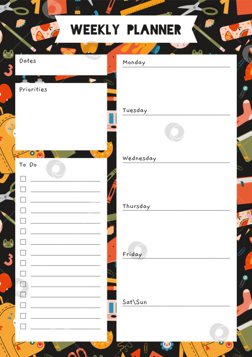 Скачать Симпатичный шаблон еженедельного планировщика, список дел, со школьными канцелярскими принадлежностями фотосток Ozero
